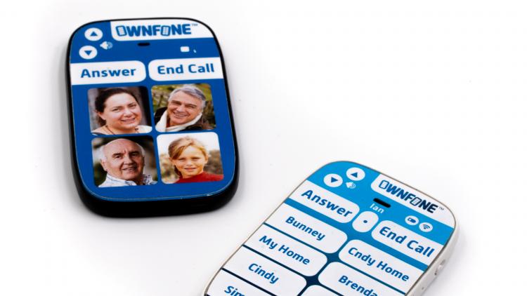 A small and discreet simple mobile phone which has photos or names of the people you can call