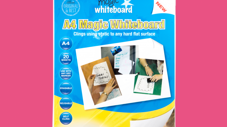 A reusable A4 size whiteboard that will cling to any hard, flat surface using static